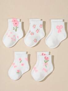 5 Pairs Baby Bow, Polka Dot, Lace Mid-Calf Elastic Socks, White, Autumn/Winter - White - View 5