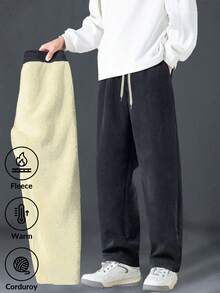 Men's Casual Corduroy Lined Straight Leg Pants, Thick And Warm For Men,Waist Casual Pants For Commuting, Office, Workwear In Winter; Relaxed Fit Comfortable Lounge Pants For Home,Winter Casual Sweatpants,Loose Simple Versatile Sweatpants For Autumn & Winter