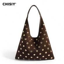 Original Handmade Fashion High-Quality Rivet Design Element Khaki Fabric & Faux Leather Elegant Business Large Capacity Women's Commuter Bag, Casual Versatile Shoulder Bag, Suitable For Work, Holiday, Travel, Shopping, Daily Gathering, Music Festival, Autumn/Winter