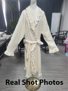 2件装女士超柔软荷叶边加厚绒袍，荷叶边时尚长袍带侧袋，保暖长款浴袍，毛绒SPA袍，家居服，睡衣 - 彩色 - 查看 12