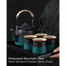 Vintage Japanese Tea Set Gradient Embossed Ceramic Japanese Teapot With 4 Teacups Hemp Rope Handle 33.8 Oz Loose Leaf Teapot With Builtin Strainer For Tea Steeper Gifts Black And Green - BlackGreen - View 7