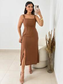 Elegant Long Dress With Slit, Elasticated Waistband, And Viscose Lining - Perfect For Parties, Weddings, Graduations, Christmas, And New Year's Eve. - 摩卡棕 - 查看 3