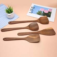 1pc Wooden Kitchen Long Handle Spatula, South American Chicken Wing Shaped Wood Non-Stick Wok Spatula, Kitchen Utensil With Hanging Design - Coffee Brown - View 11