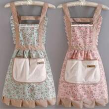 2pcs Lovely Sash Canvas Apron, Breathable Flower Apron, Waterproof Drain Oil Breathable Work Dress Waist Apron, Restaurant Waiter Work Dress, House Restaurant Chef Apron Work Dress, Kitchen Household Items - 彩色 - 查看 8