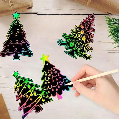 30/60pcs Rainbow Scratch Art Paper - DIY Christmas Decorations & Party Favors - Tree Patterns, Best For Christmas - Colorful Scratch Art Doodles, Easter Shaped Scratch Art Colored Handmade Scratch Painting Paper, Scratch Snowman Christmas Tree Scratch Art DIY Bookmarks, Creative Scratch Art Decorations, Christmas Gifts, Christmas Decorations