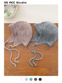 1 件法式结领针织帽，秋冬季女士柔软温暖针织帽，装饰性貂绒领带护耳针织帽，可爱渔夫帽 - 彩色 - 查看 8