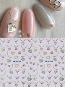 2片浪漫项链造型美甲贴纸，闪亮亮片爱心3D自粘美甲贴花，金属粉蓝爱心美甲DIY装饰，适合女性、女孩，情人节和婚礼美甲设计用品 - 彩色 - 查看 2
