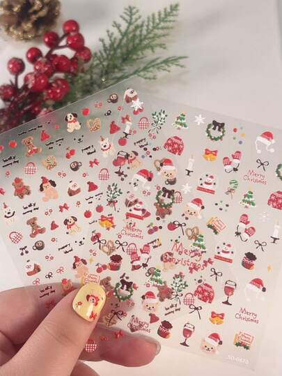 2 Stücke 5D Geprägte Weihnachts Nail Art Sticker, selbstklebende 3D Weihnachtsbaum, Schneemann, Weihnachtsmann, Hüte, Glocken süße Cartoon Themen Nail Decals für Frauen Weihnachts Nail Art Sticker