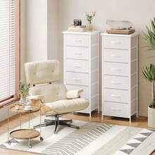 Tomnk 6 Drawers End Table, Tall Dresser & Chests Of Drawers, Fabric Sofa Table For Closet, Bedroom, Night Stand, End Table With Metal Frame, Storage Tower With Fabric Bins, PU Leather, Ideal Mother's Day Gift - 白色 - 查看 1