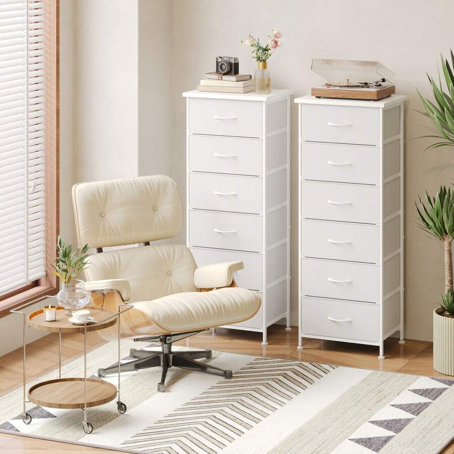Tomnk 6 Drawers End Table, Tall Dresser & Chests Of Drawers, Fabric Sofa Table For Closet, Bedroom, Night Stand, End Table With Metal Frame, Storage Tower With Fabric Bins, PU Leather, Ideal Mother's Day Gift - 白色 - 查看 1