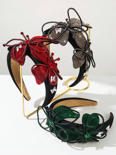 1 pieza Diadema de mujer de estilo barroco europeo y americano de unicolor, con decoración de flores y mariposas de piedras preciosas brillantes, adecuada para fiestas, bailes y accesorios de pelo a juego