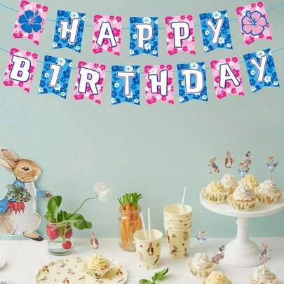 15PCS Pink Blue Hibiscus Happy Birthday Banner, Pre-Strung Paper Fishtail Flag Cartoon Banner Summer Hawaiian Angel Supplies Theme Party Birthday Party Decorations