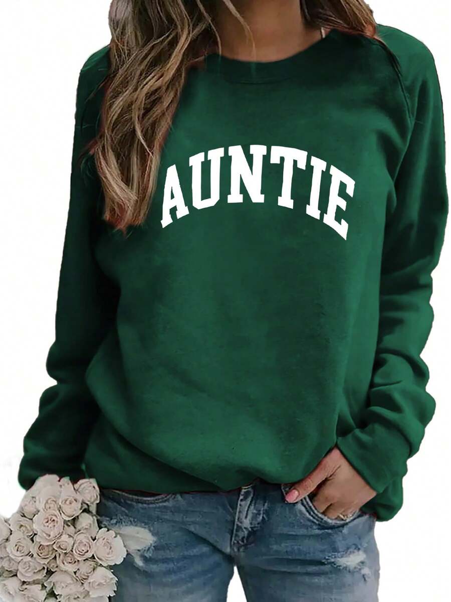 2026 New Year Outfit Women Plus Size 'AUNTIE' Letter Print Sweatshirt - Soft Machine Washable Polyester Fiber Crew Neck Pullover, Autumn Winter Casual Comfortable Fashion Design, Cute Loose Top, Daily Wear, Comfortable Fabric, Casual Style Loose And Comfortable Winter Clothes For Women - 墨綠色 - 查看 1