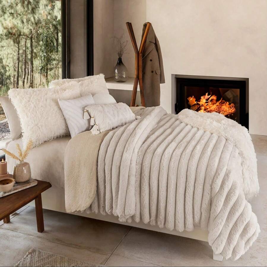 cobertor super grueso everest reverso borrega Matrimonial xl jumbo vianney pelo alto invierno cálido - Champán - Ver 1