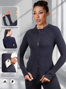 Women's Hooded Long Sleeve Sports Jacket With Thumbholes With Pockets, Breathable Athletic Casual Pullover, Sportswear, Fitness Clothing, Yoga Jacket, Fitness Clothing, Long Sleeve Cycling Sweatshirt, Women's Outdoor Sports Running Tops, Women's Yoga Hoodie Suitable For Running, Fitness, Yoga, Everyday Leisure - 藏蓝色 - 查看 8