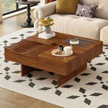Holiday Coffee Table – 47" Modern Wood Table With Tempered Glass, Fluted Style & Drawers, Ideal For Christmas Living Room - Brown + Solid Wood+MDF+Glass - View 3