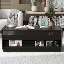 Holiday Coffee Table – 47" Modern Wood Table With Tempered Glass, Fluted Style & Drawers, Ideal For Christmas Living Room - 黑色+MDF+玻璃 - 查看 3