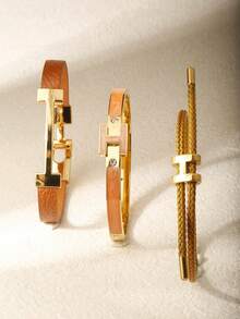 3pcs Fashionable Chic Golden Letter Leather Bracelets, Gifts For Girlfriend - 3pcs-coffee - View 7