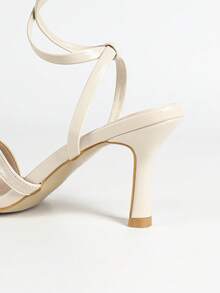 Women's Apricot Square Toe High Heel Sandals, Criss-Cross Strap Ankle Buckle Stiletto Heels, Minimalist White Mid Heel Sandals, Suitable For Party, Nightclub, Wedding, Bridesmaid, Date, Vacation, Daily Wear - Apricot - View 10