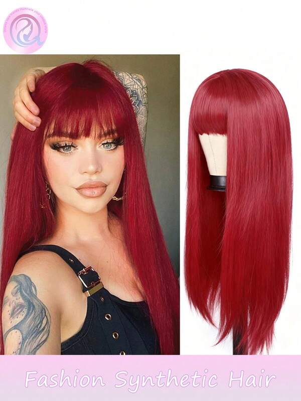 Perruques droites avec frange 18 pouces Perruque synthétique soyeuse droite moyenne rouge avec frange Perruque pour femmes résistante à la chaleur Perruques rouges Perruque droite longue avec frange Perruques droites bordeaux Perruques complètes à la machine pour usage quotidien et costume