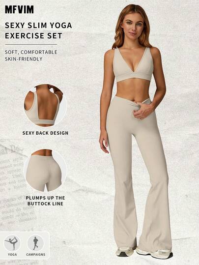 MFVIM Sports Set, Deep Neck Padded Wireless BH High Waist Flared Stretchy Pants, Slimming Wide Leg, Yoga, Pilates, Running, Com Tafel Skin Friendly Wear