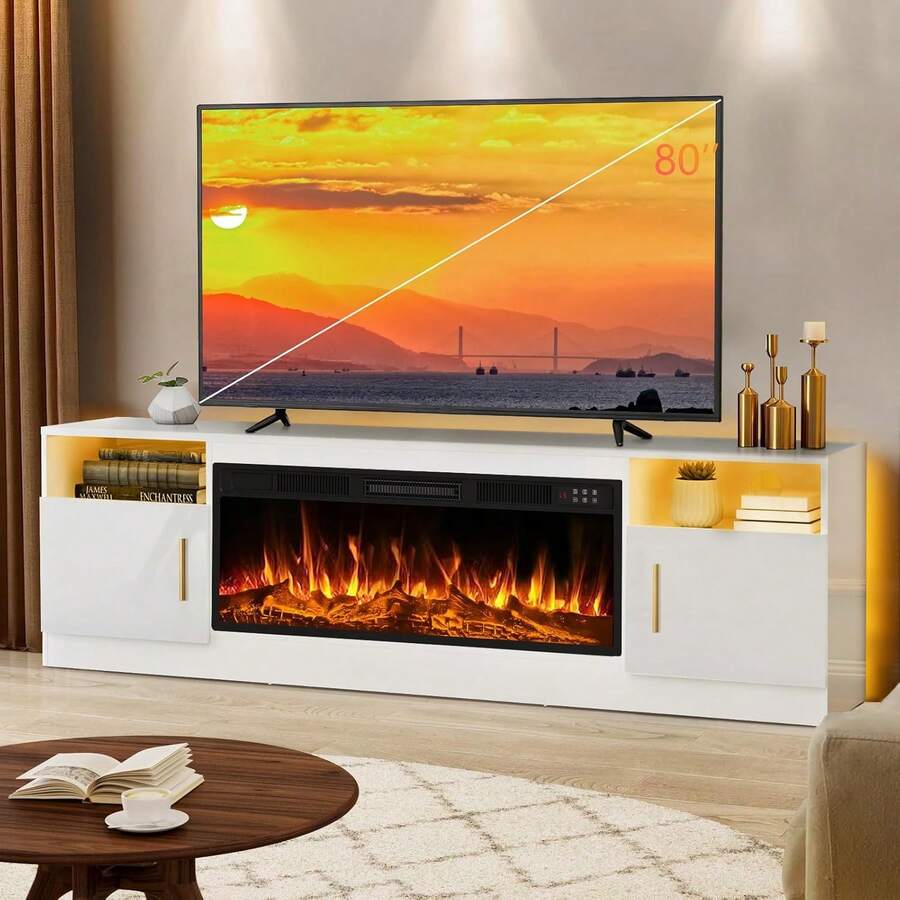 70 Inch Fireplace TV Stand Entertainment Center With 36" Fireplace, 70" Wooden TV Stand For TVs Up To 80", Media TV Console With High Gloss Storage Cabinet And 16 Colors LED Lights - 查看 1