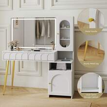 47.5" Big Modern Vanity  With Mirror And Lights, Fluted Makeup Vanity With Glass Top, Vanity Desk With 2 Drawers & Glass Cabinet, Wood Vanity With Storage Cabinet,3 Lighting Modes For Bedroom,Gift For Girls Women - 查看 8