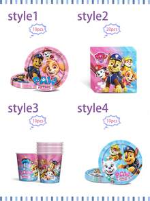 Juego de vajilla desechable con temática de Paw Patrol, en temas azul y rosa, incluye platos de papel, vasos de papel, servilletas, adecuado para fiestas de cumpleaños o San Valentín, hecho de materiales absorbentes de alta calidad, excelente para manualidades, meriendas, reuniones de cumpleaños, fiestas, mesas de postres, campamentos, picnics y talla grande - Multicolor - Ver 2