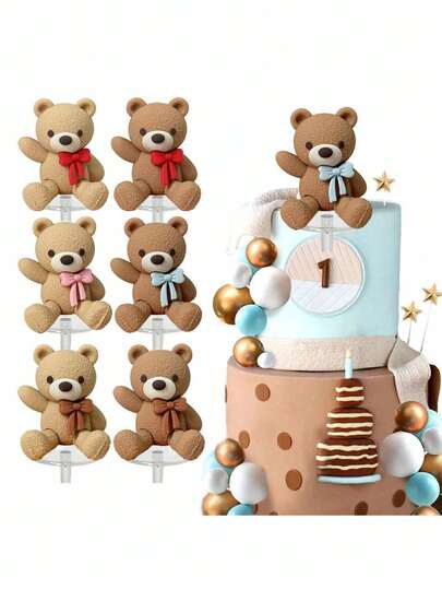 1pc Bear Cake Topper, Valentine's Day Baking Decoration Cake Decoration, Confession Bear Bow Three-Dimensional Soft Doll Decoration, Suitable For Christening Party, Gender Reveal Ceremony Cake Decoration, Wedding Cake Decoration, Cute Cake Decoration,Cute Birthday Cake Decoration, Pink Blue Brown Bear With Bow(Please Use With The Tray.)