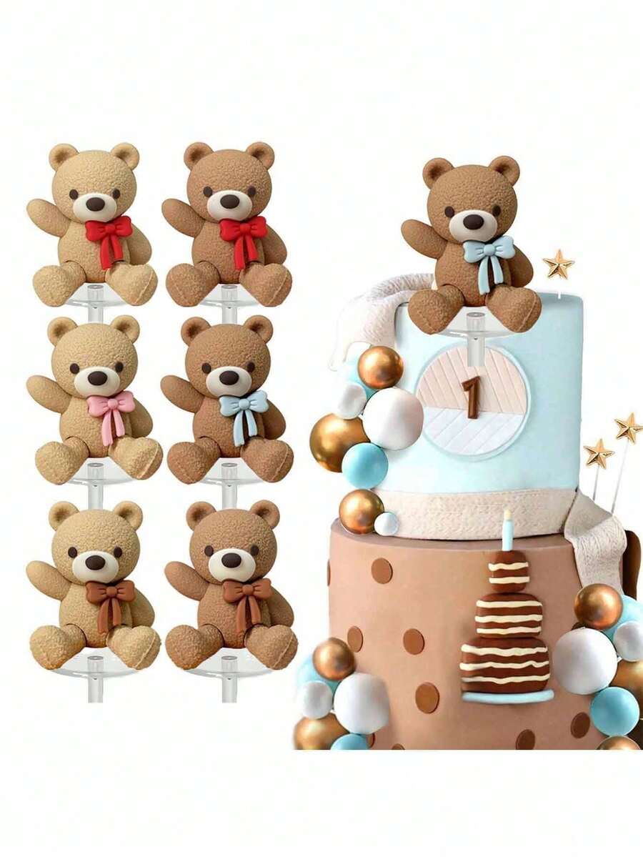 1个小熊蛋糕装饰摆件，情人节烘焙装饰蛋糕装饰，告白熊蝴蝶结立体软娃娃装饰，适用于洗礼派对、性别揭晓仪式蛋糕装饰、婚礼蛋糕装饰、可爱蛋糕装饰、可爱生日蛋糕装饰，粉色、蓝色、棕色小熊带蝴蝶结（请搭配托盘使用。） - 多色 - 查看 1