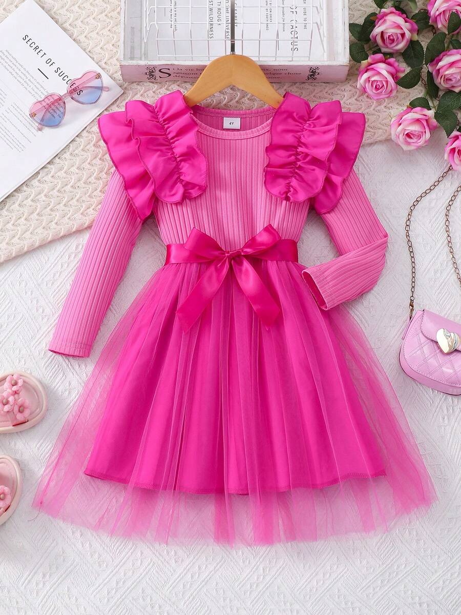 女童长袖圆领荷叶边罗纹撞色网纱连衣裙，甜美可爱，适合秋冬季节穿着。 - 玫紅色 - 查看 1