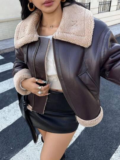 جاكيت نسائية قصيرة دافئة ذات وجهين جديدة لموسم الخريف/الشتاء من Seelio، من الجلد الصناعي البني مع طوق وبطانة من الفرو الصناعي