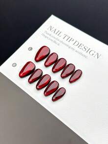 10片手工制作可佩戴美甲贴片，短款杏仁形按压式假指甲，轻奢简约风格，深红色玻璃珠偏光猫眼短指甲，优雅高端的美甲贴片，适合女士和女孩日常佩戴，含美甲套装 - 彩色 - 查看 4