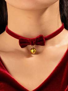 1pc Velour Bow Small Bell Neck For Christmas Ladies Necklace, A Must-Have Accessory For Holiday Parties - Red - View 2