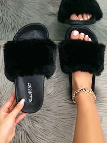 Women's Fluffy Slippers For Indoor/Outdoor Wear, Casual Home/Daily Use, Fuzzy Black Color