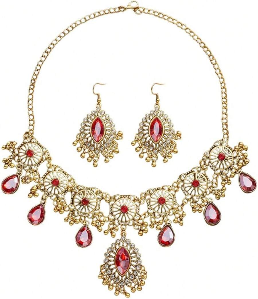 Retro Hollow Out Jewellery Set Traditional Bridal Choker Necklace Earring Women Bollywood Statement Boho Exaggerated Antique Oxidized Beads Tassel Classic Wedding Party - 紅色 - 查看 1