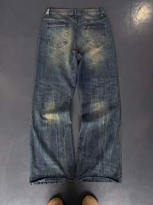 男士深蓝色做旧水洗宽松牛仔裤，复古超大款阔腿牛仔裤，质感粗犷，街头风 - 深色水洗藍 - 查看 2