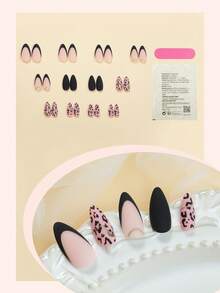 24片法式美甲贴纸，中号杏仁形，豹纹装饰，金色闪粉复古风格，哑光表面，全覆盖假指甲，适合女性和女孩日常佩戴的美甲用品 - 彩色 - 查看 2