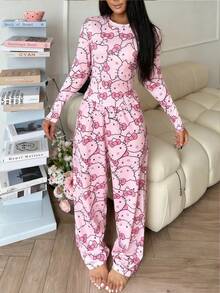 SANRIO 2pcs  Women Pajama Set, Long Sleeve Top And Pants, Cute Colorful And Fashionable, Suitable For Spring And Autumn, Fall Winter Clothes - Pink - View 6