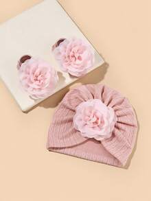 2 Stücke/Packung 0-6 Monate Baby Blumen Mütze & Socken Set, super weiche Baby Beanie Mütze und Socken Kombination, Neugeborenen Geschenk, ganzjährig - Verschiedenfarbig - Übersicht 11