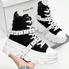 SLnU3 3pcs Men's Fashionable Thick Sole Elevated Motorcycle Boots, Punk Street Preppy Casual Style, Personalized Accessories Decoration, Interchangeable, Metal Eyelets Lace-Up Side Zipper, Simple Design Suitable For Outdoor All Seasons Versatile - Black and White - View 8