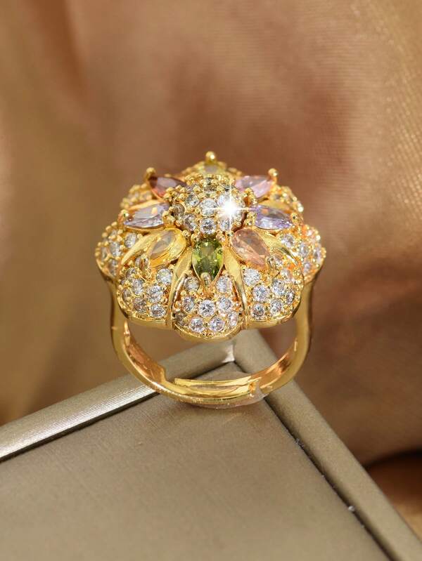 1pc Adjustable Dubai Luxury Gold-Plated Colorful Zirconia Sunflower Ring, Suitable For Women's Daily Wear, Wedding, Party, Travel, And As Eid Al-Fitr/Eid Al-Adha Gift
