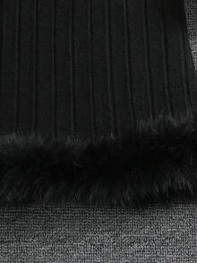 Girls Elegant Fashion Fuzzy Splice Cuff Design Brushed Ribbed Fabric Fitted Long Sleeve Dress, Outdoor Party, Autumn/Winter, Machine Washable - Black - View 5