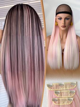 3 piezas de extensiones de cabello liso, clips rectos extendidos, peluca sintética de fibra resistente al calor de 22 pulgadas de colores múltiples, adecuada para fiestas de Navidad, Halloween y uso diario de mujeres