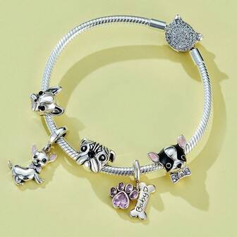 WOSTU 1 pieza Colgante de Chihuahua de la serie de perros lindos de plata esterlina 925, con huella de pata y circonita rosa, apto para pulsera de mujer/niña, regalo de joyería DIY