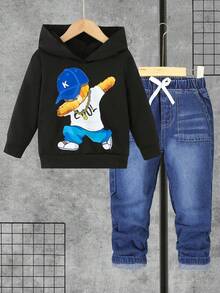 2件套幼儿男童休闲街头风可爱小熊图案黑色连帽衫和牛仔裤套装 - 彩色 - 查看 1