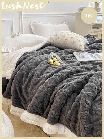 1pc Gray Jacquard Large Edge Wrapped Blanket With Two Colors Of Lamb Wool Blanket On Both Sides, Thick Blanket And Cover Blanket, Suitable For Napping, Camping, And All Season Use