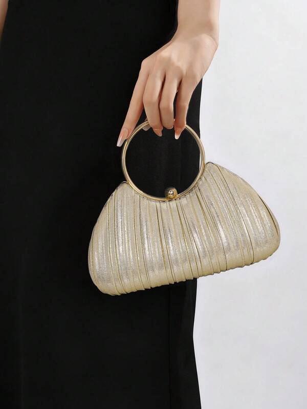 YMI STYLE 1pc Glamorous Gold Irregular Shaped Evening Clutch Bag, Shiny Chain Strap, Luxurious Pleated Faux Leather Texture, Perfect For Formal Occasions, Ideal Wedding & Party Accessory. Party Clutch Suitable For Parties, Weddings, Balls, Galas, Can Be Paired With Party Dresses, Evening Gowns, And Sequin Dresses, Matching Well With Ball Accessories And Bridesmaid Outfits.