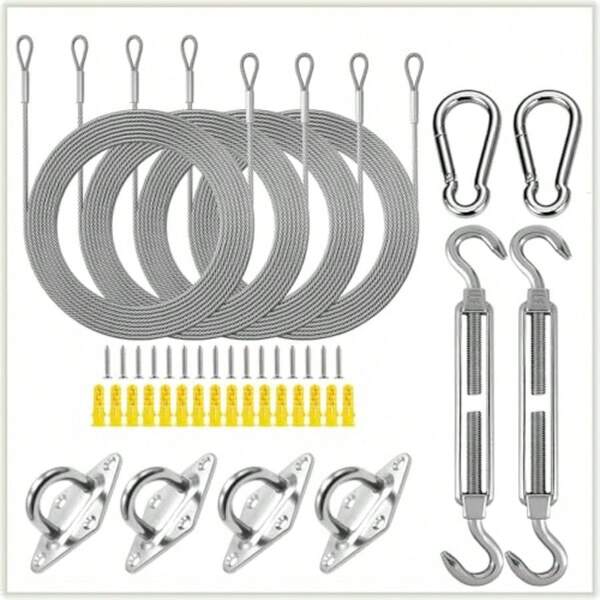 Upgraded 44PCs Sun Shade Sail Fixing Kit Shade Sail Hardware Kit 4mm Thick Stainless Steel Ropes For Triangle Rectangle Sun Shade Sail Installation