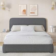 Twin/ Full/ Queen/ King Size Bed Frame, Boucle Upholstered Platform Bed With Headboard, Modern Style, Soft Rounded Corners, No Box Spring Required, Easy Assembly, Twin/ Full/ Queen/ King/ California King, Beige/ Grey/ Pink/ White/ Light Grey/ Black/ Green - Xám - Xem 1